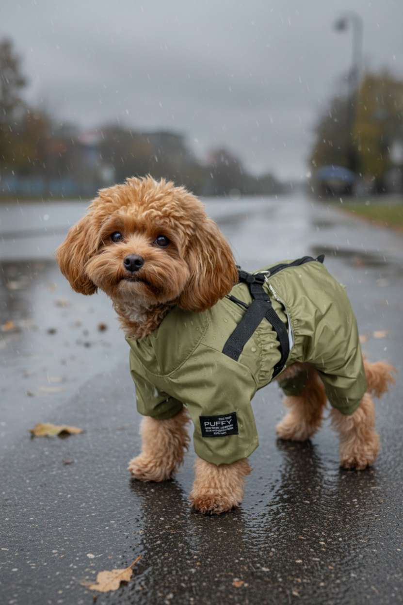 Утепленный дождевик для собак Puffy Фикс со шлейкой хаки