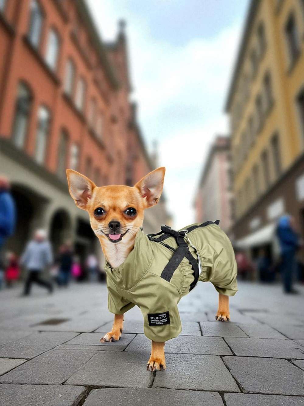 Утепленный дождевик для собак Puffy Фикс со шлейкой хаки