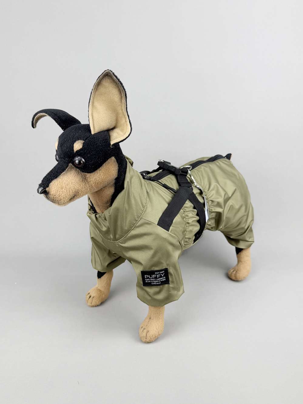 Утепленный дождевик для собак Puffy Фикс со шлейкой хаки