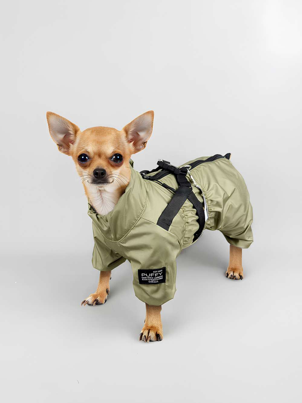 Утепленный дождевик для собак Puffy Фикс со шлейкой хаки