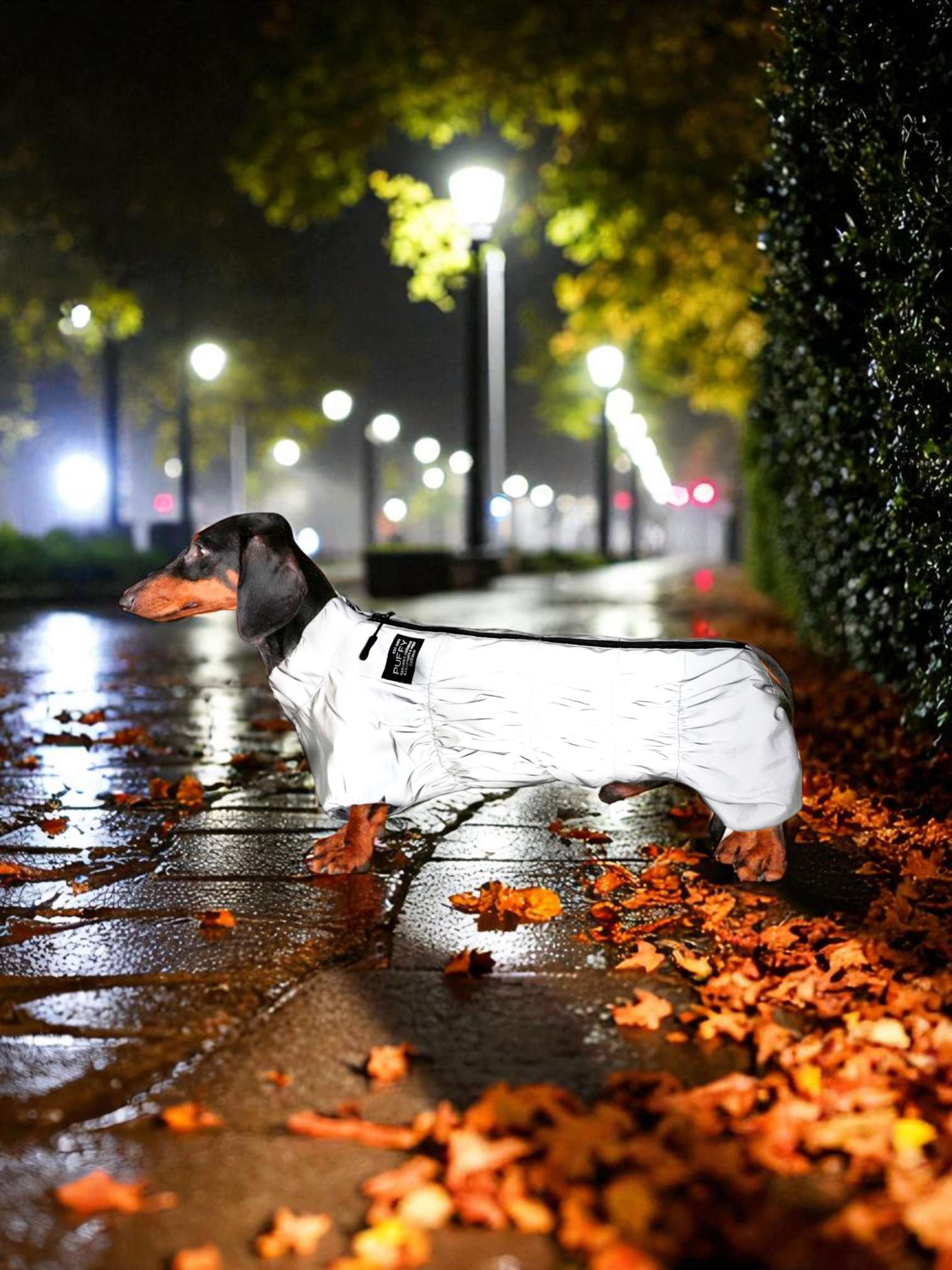 Утепленный дождевик Puffy для такс и корги светоотражающий